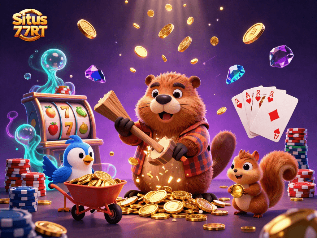 Situs 77RT reveals a vibrant scene with a beaver, bird, and squirrel celebrating casino wins amid cascading coins.