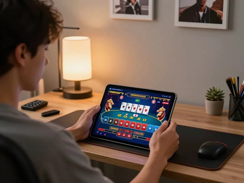 Nego77 user engaging in online casino action, showing tablet with poker game in a relaxed gaming home setup.