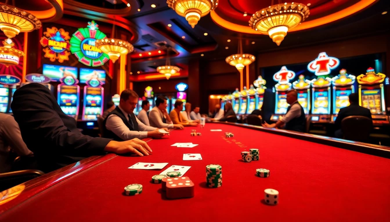 HAYBET players experience luxury and excitement at a vibrant casino table with cards and chips.