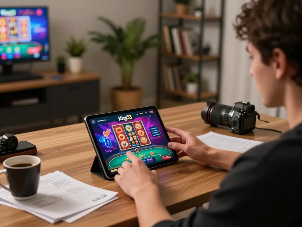 Engaging gameplay on King33 app with user strategizing in cozy home setup