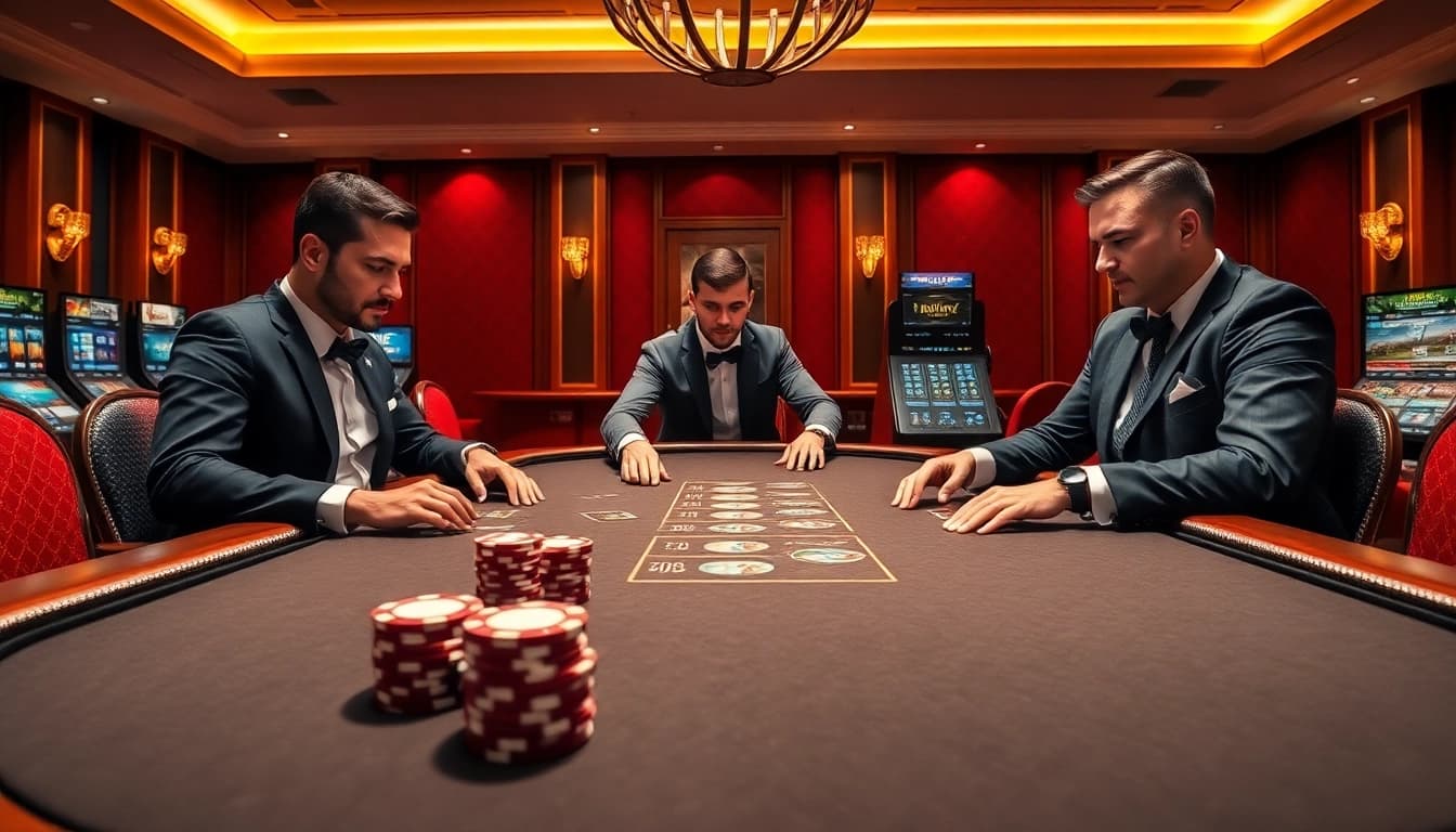 Players engaging in an exciting poker game at Rikvip, showcasing luxury and interactive gaming elements.