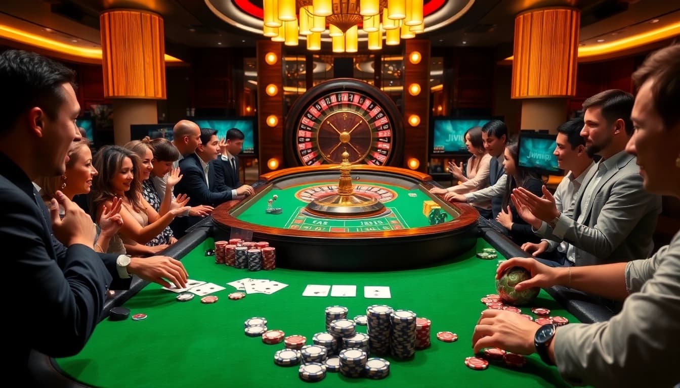 Experience the excitement of j88vip2 at a vibrant casino table with poker chips and cards.