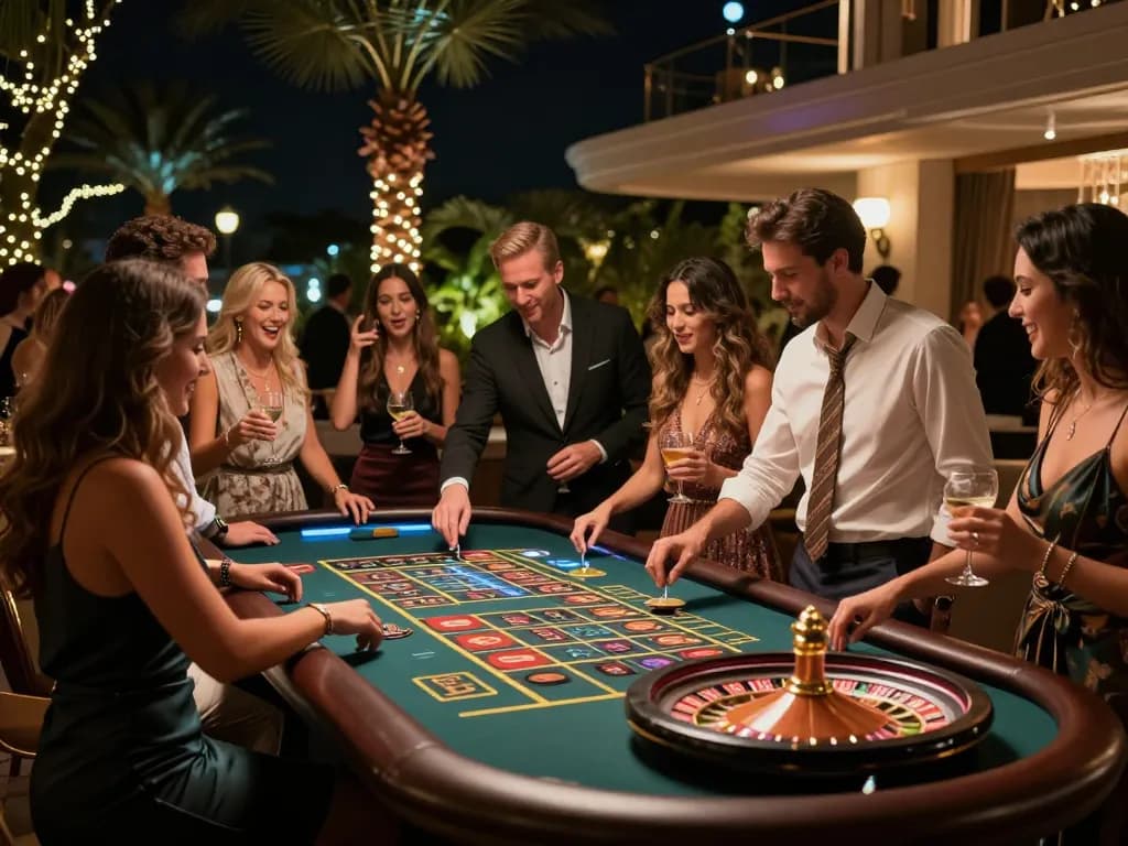 Tamu bermain roulette di teras kasino luar ruangan pada malam hari di hotelmonterreysalamanca