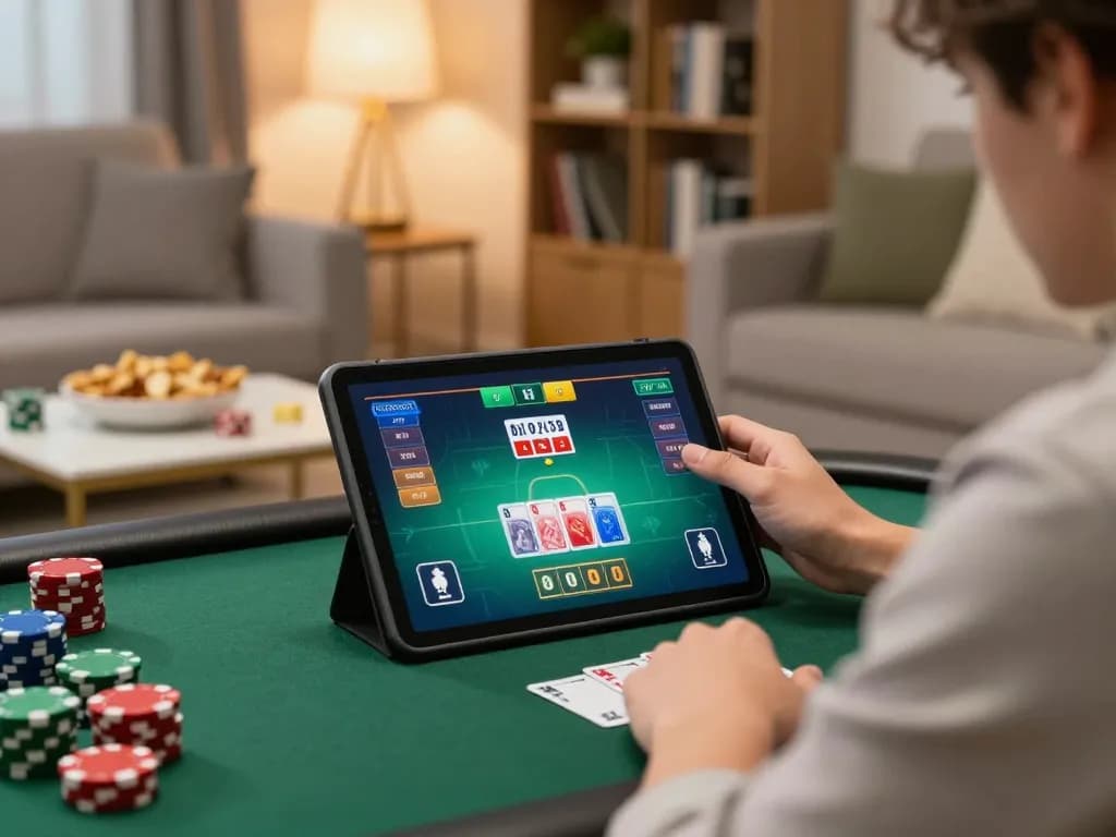 LGOGOAL player enjoying an exciting online poker game on a tablet in a cozy living room setting