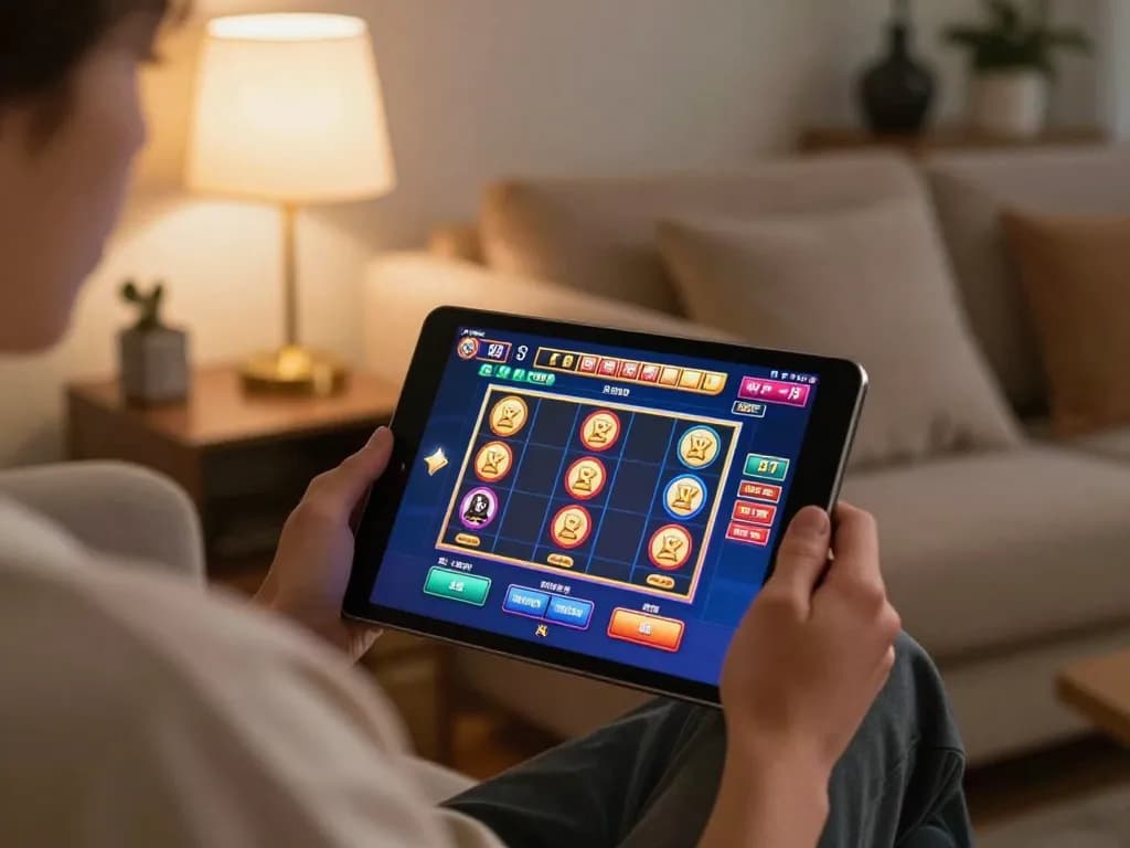 Player enjoying slot games on 555win tablet in cozy home environment.
