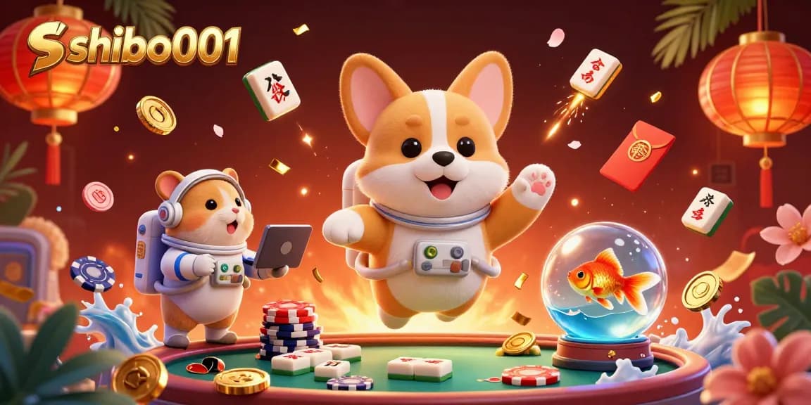 在玩 shibo001 的疯狂氛围中，一只宇航员柯基和其他角色浮动在太空赌场中，尽享欢乐时光。