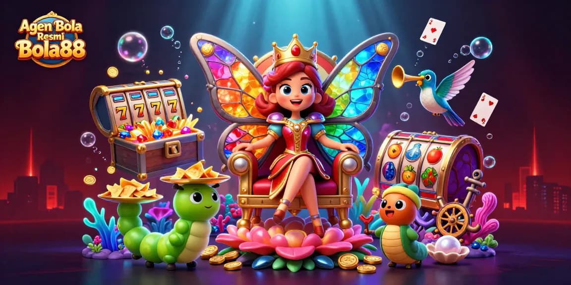 Agen Bola Resmi Bola88 showcases a vibrant casino scene filled with colorful slots and characters.
