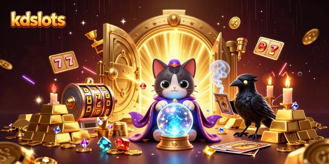 KD Slots with a dynamic illustration of mystical characters and casino elements, emphasizing enchanting gaming experiences.