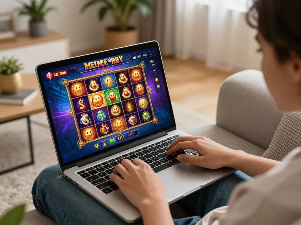 Pemain berinteraksi dengan slot hargatoto RTP tinggi di laptop, menampilkan pengalaman permainan online yang menarik.