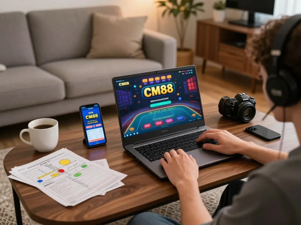 Engaging with CM88 online casino games on a laptop in a cozy setup for strategic gaming.