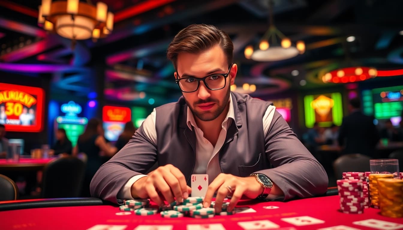 Am Tisch mit bunten Chips und Karten konzentriert casino spielen