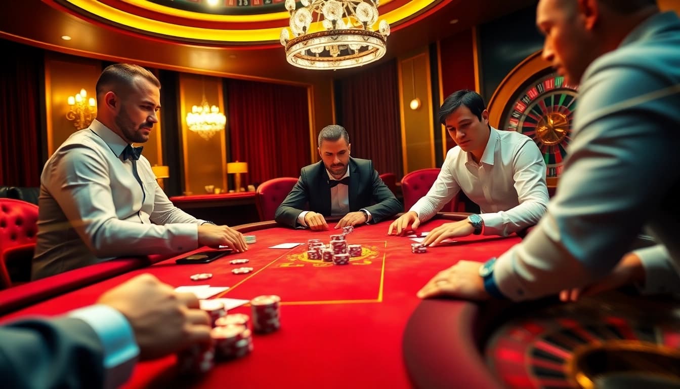 Exciting poker game at hbbet5.art with vibrant chips and professional players engaged.