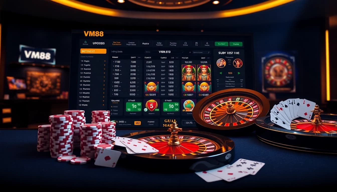 VM88 betting interface displaying dynamic odds with poker chips and roulette in a luxury casino setting