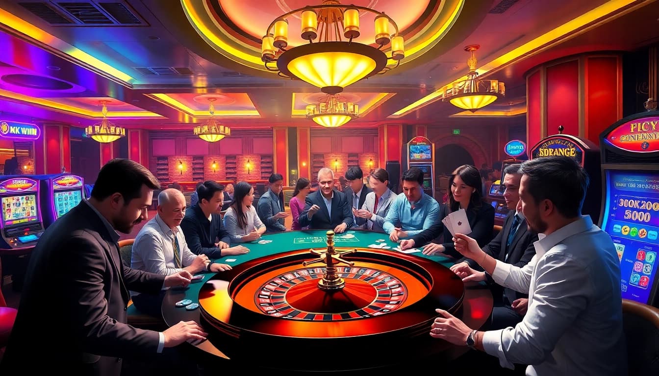 Excited gamblers experience thrilling gameplay at https://kkwin.diy/ casino with roulette and poker tables.