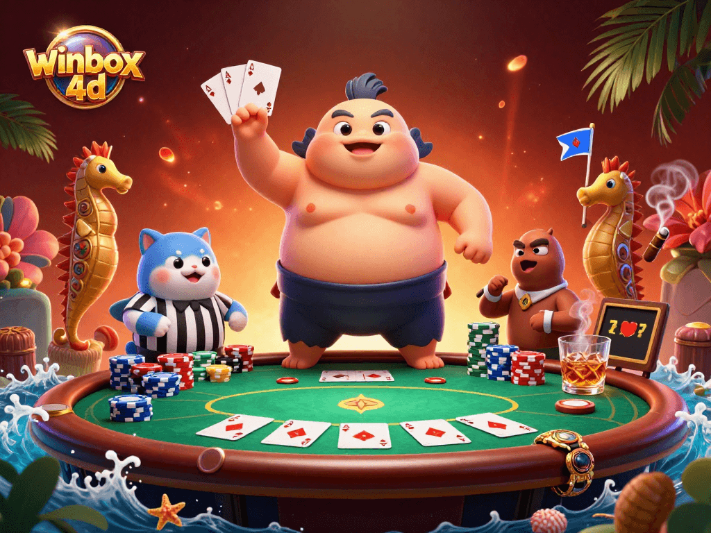 Players enjoy winbox 4d poker with 3D fugu and catfish referee in vibrant underwater scene