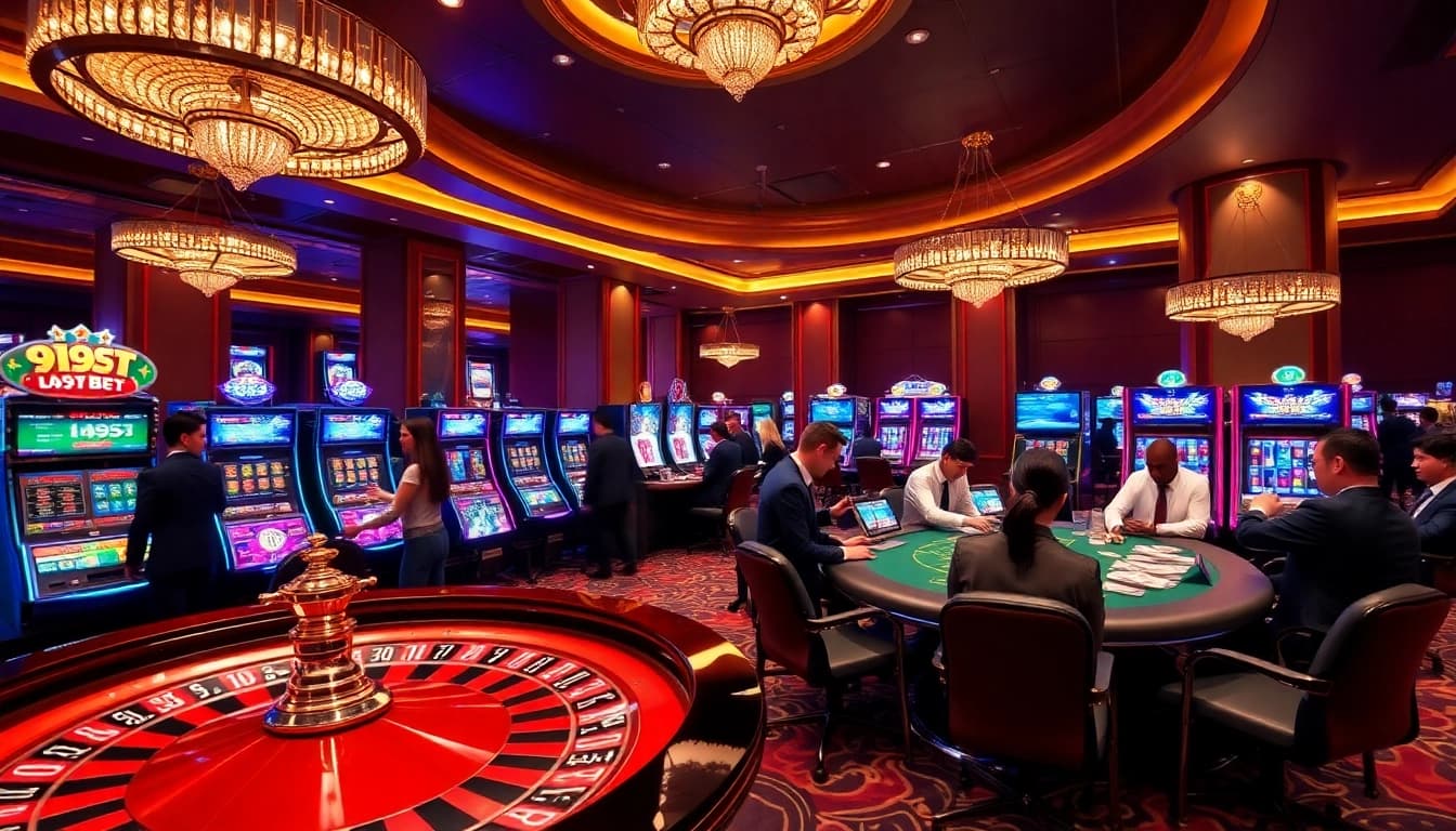 Players enjoying a luxurious gambling atmosphere at 999BET casino, featuring roulette and slot machines.