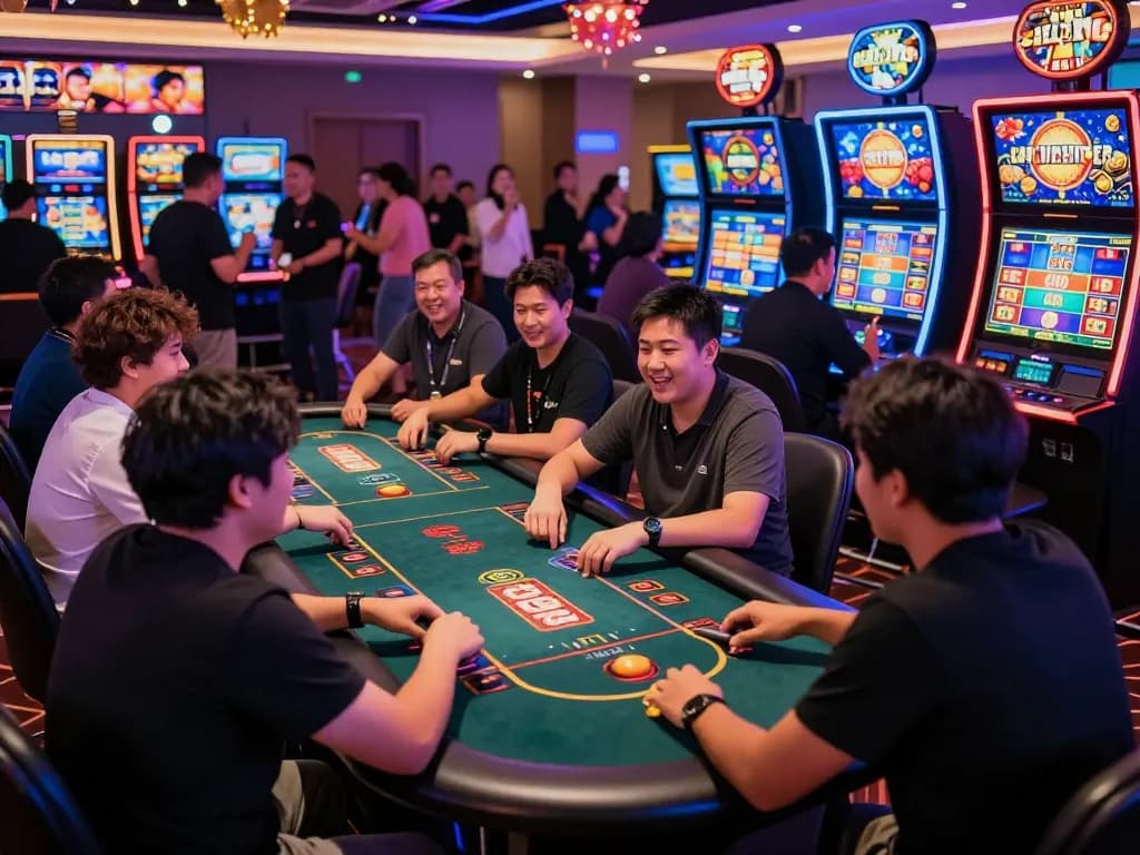 Engaging scene of diverse players at af88 nhà cái uy tín gaming tables, showcasing vibrant casino atmosphere and live dealers.