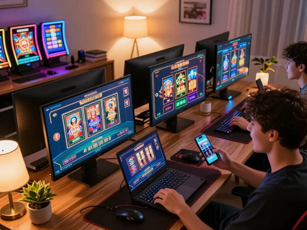 Engaged player experiencing situs slot gacor thrill with colorful slot machines on multiple screens.