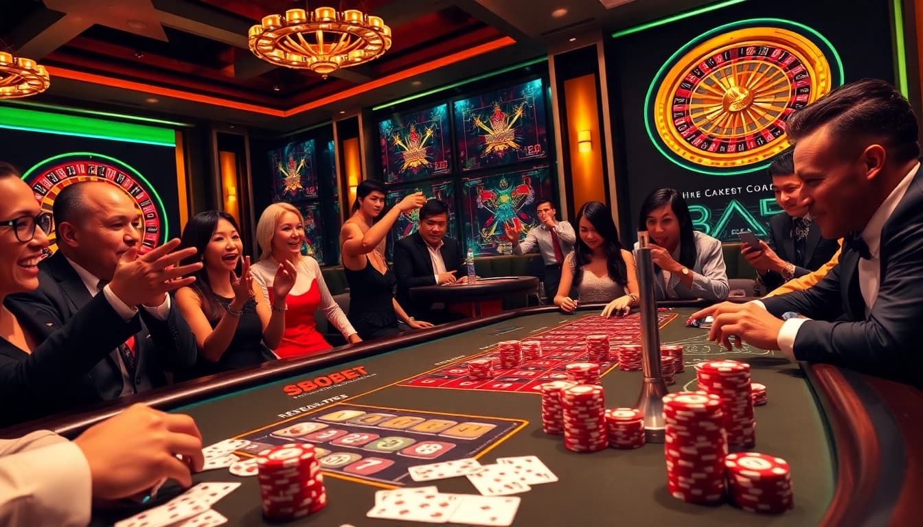 SBOBET poker table with vibrant chips and cards reflecting an exciting casino experience.