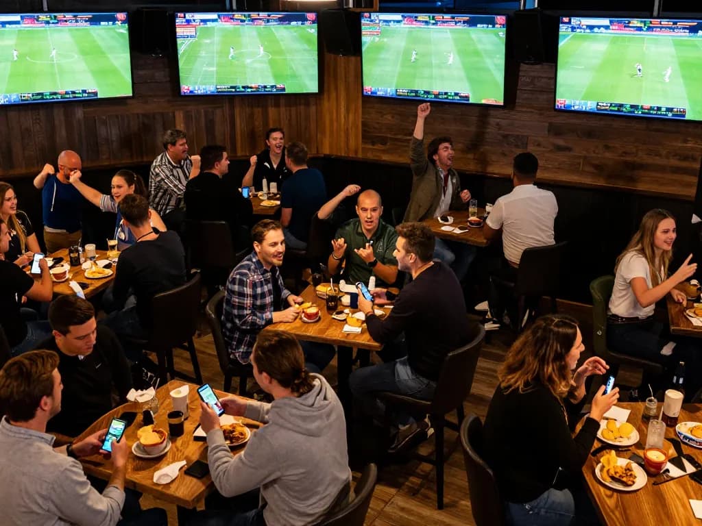 Experience thrilling Bundesliga matches with go8, as fans passionately place bets in an engaging sports bar setting.