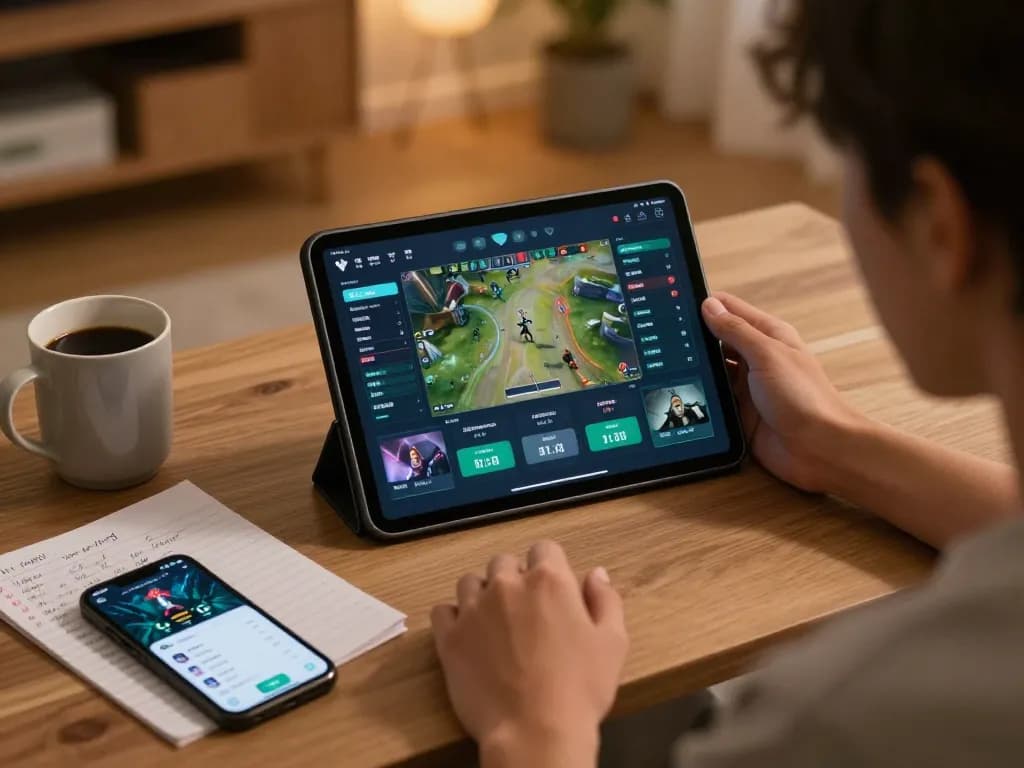 Engaging in esports betting singapore on a tablet in a cozy home environment, showcasing strategic gameplay and betting options.