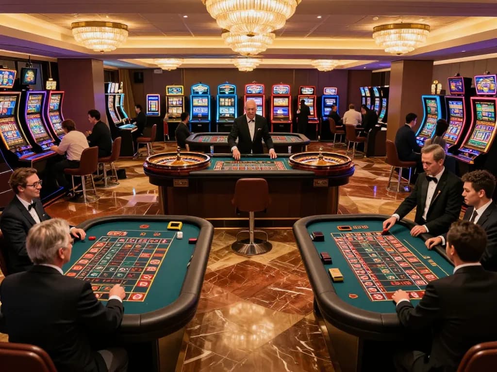 Exciting gameplay at nhà cái roulette tables in an upscale casino setting, vibrant players engaging.