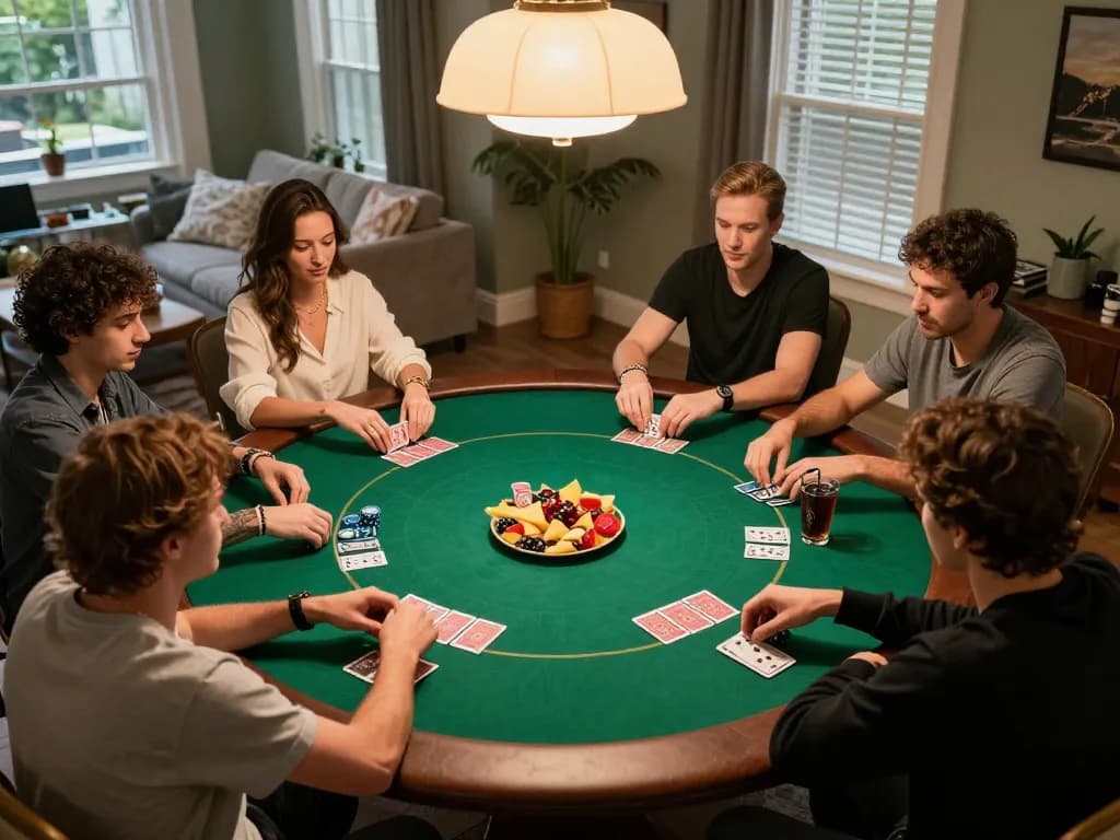 ho88 players enjoying a strategic home poker game with friends, cards mid-play, and vibrant snacks visible