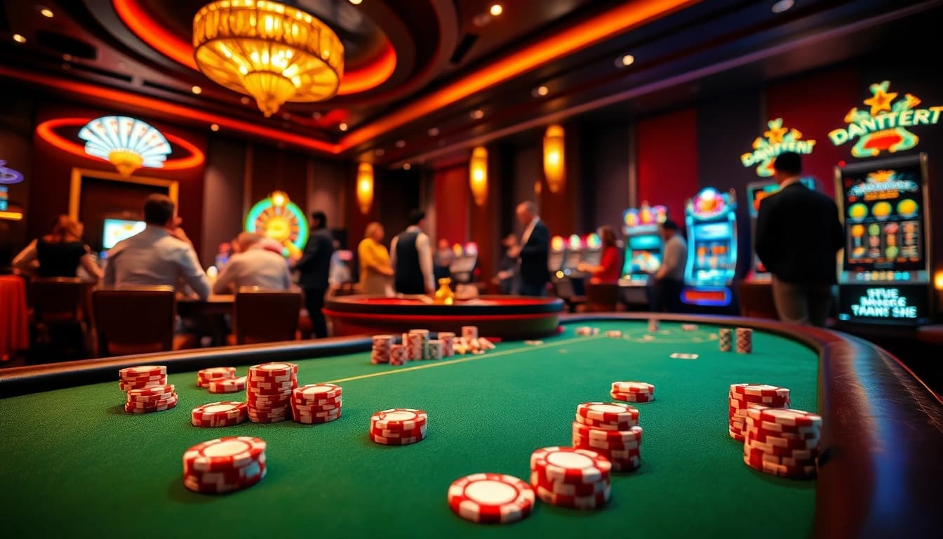 A dynamic casino scene showcasing DH88 excitement with poker players and a vibrant roulette wheel.