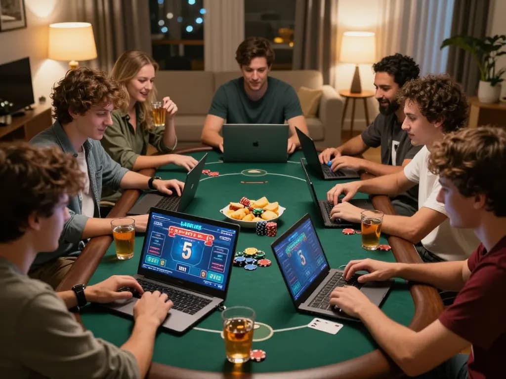 Friends playing online poker at home on 7-hd with chips stacked and vibrant screens.