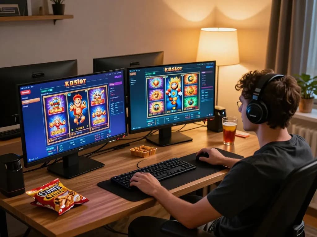 Engaging player explores kdslot games on multiple screens in a cozy home office setup.