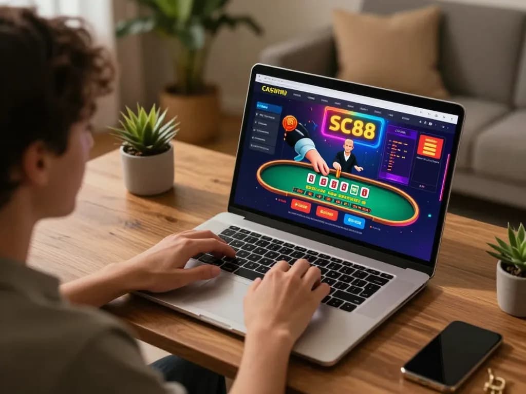 Engaging online gaming moment at SC88, with player betting live at a baccarat table on a laptop.