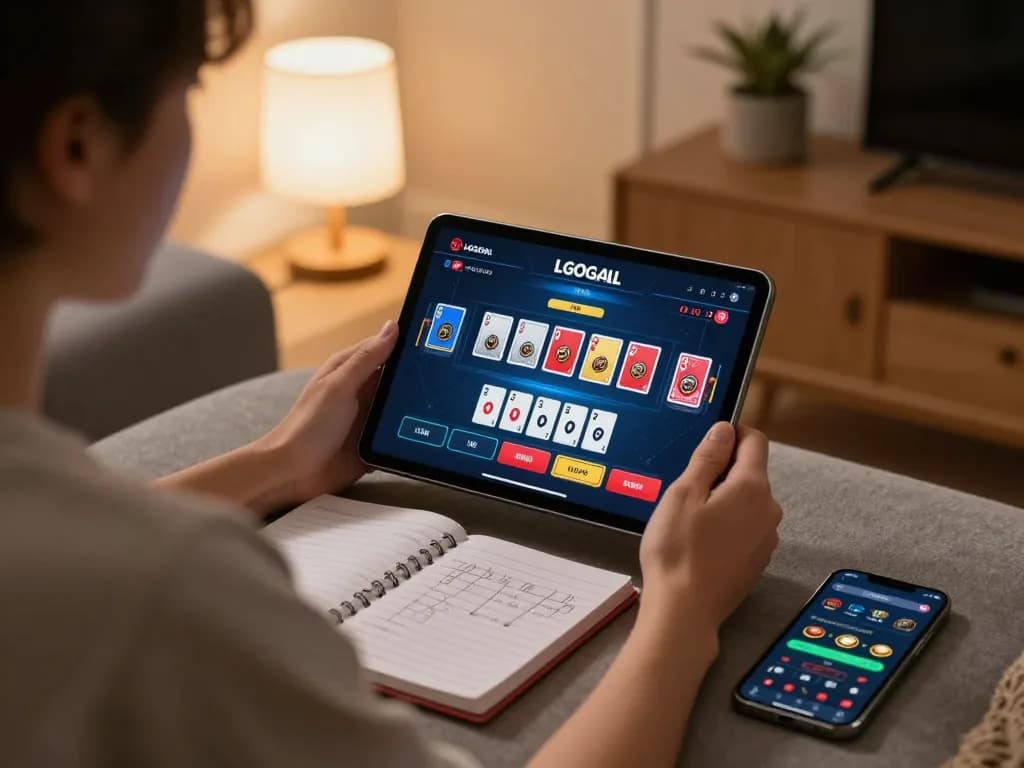 Player engaging with LGOGOAL online blackjack, using tablet in cozy home setting, showcasing strategic gameplay.