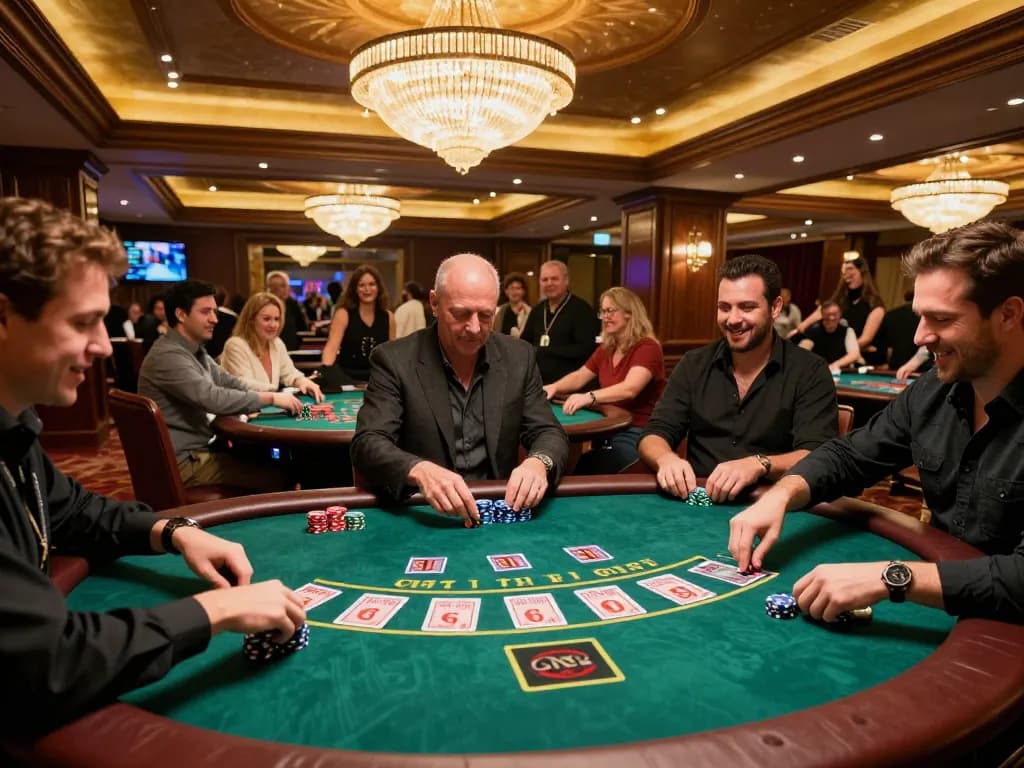 Engaged players enjoying blackjack at CM88 casino, vibrant atmosphere and excitement captured.