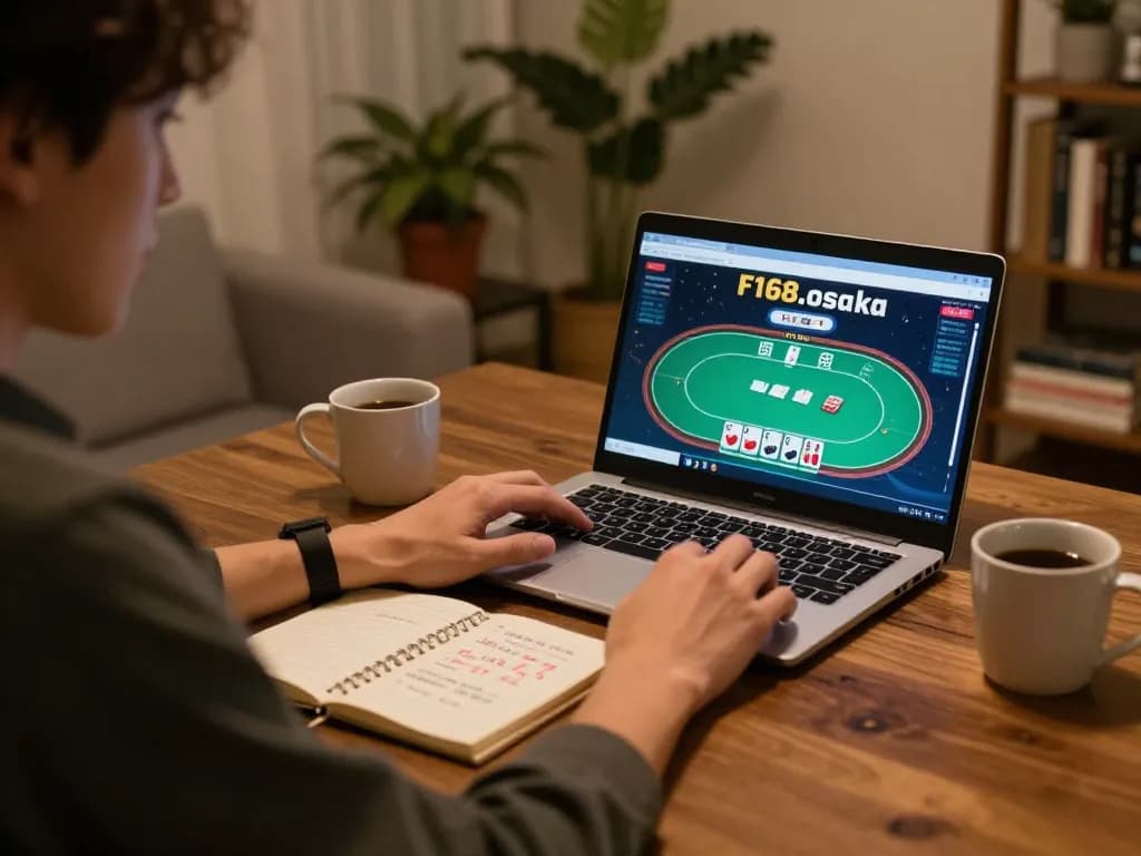 Engaging online gambling moment at f168.osaka with a player analyzing poker odds and strategies.