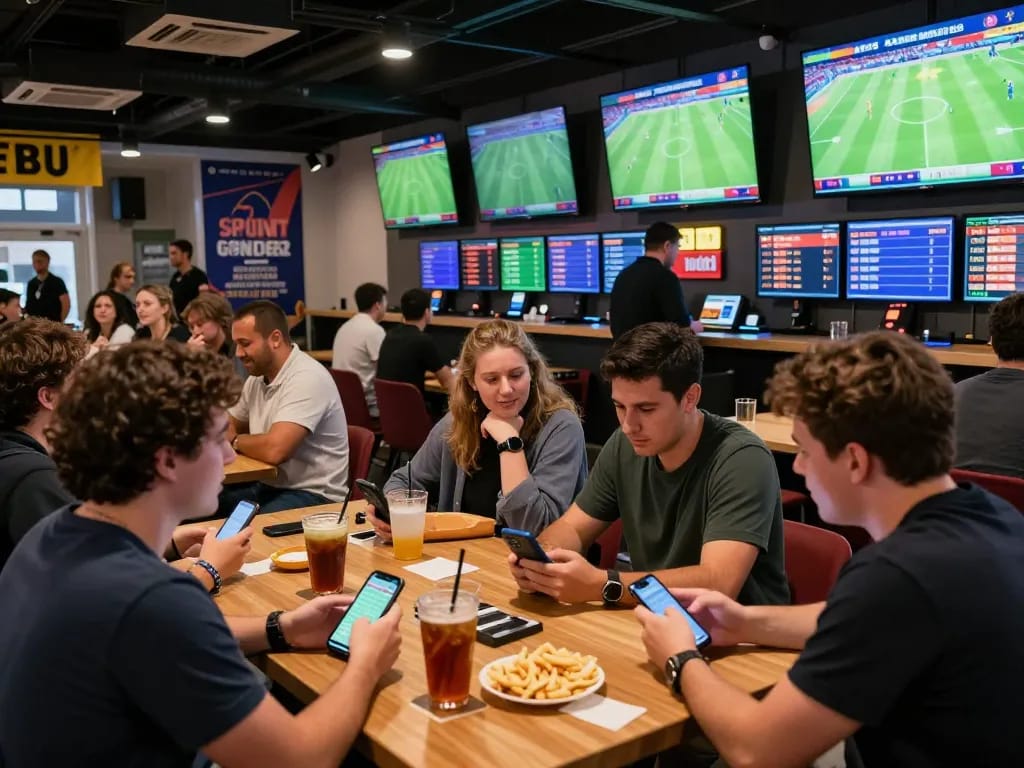 Soi Kèo excitement in a lively sports betting venue with fans cheering and placing bets.