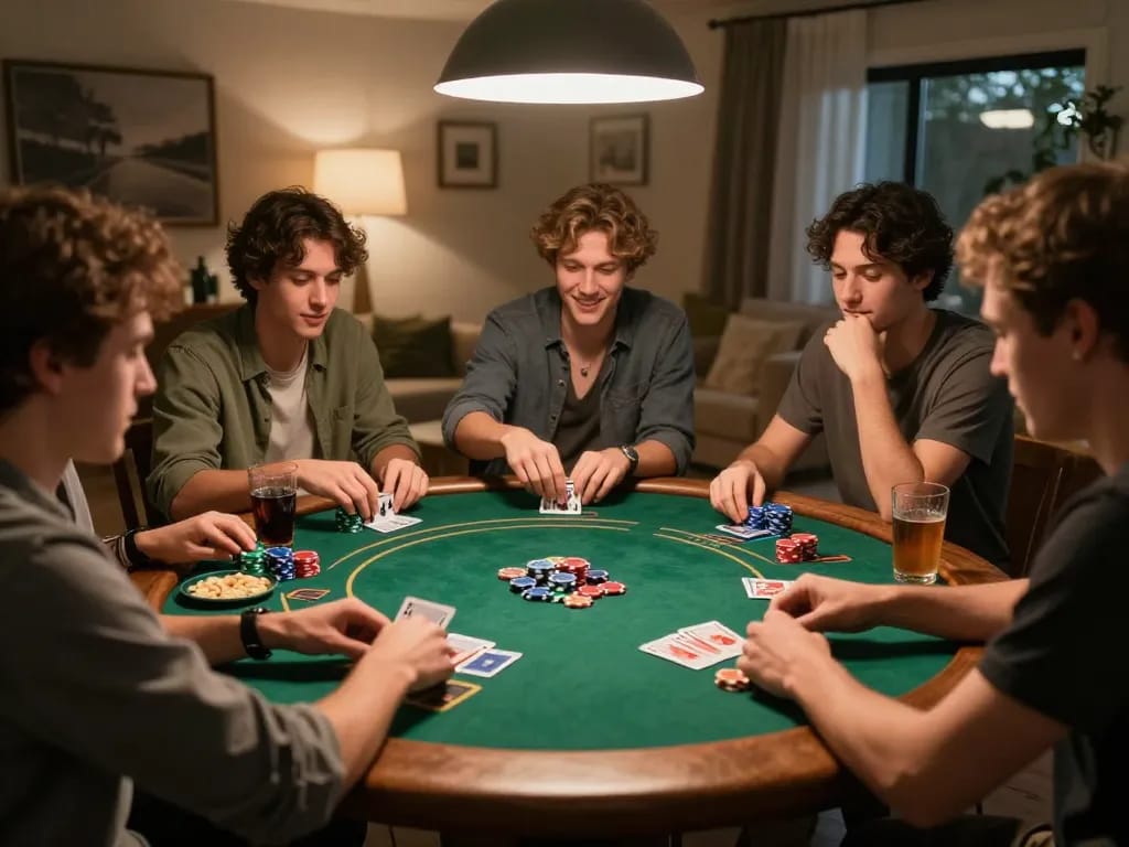 Friends enjoying a poker game night at home, engaging in strategy and gamely laughter, showcasing the nhà cái spirit of friendly competition.