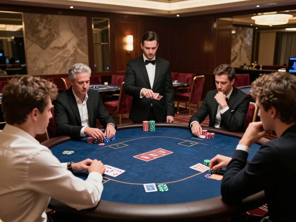 Players at a high-stakes poker game at 8xbet with intense concentration and stylish decor.