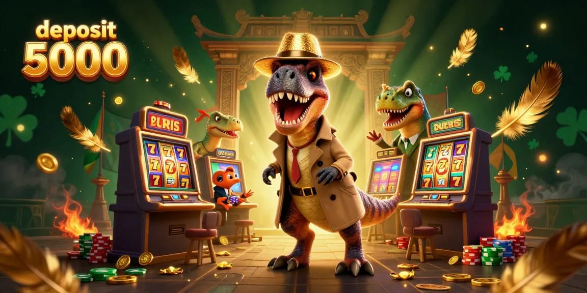 Spin and win at deposit 5000 slots with a cartoon velociraptor and friends in action.