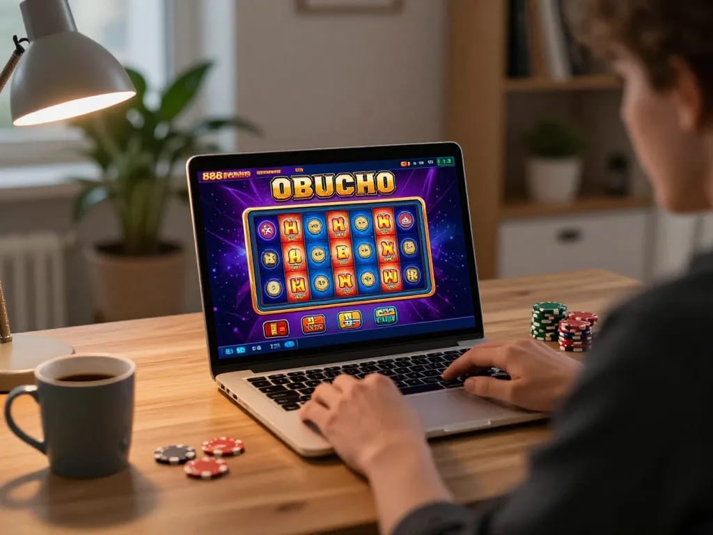 Engaging online gaming experience at 888newcasino with colorful slots and a cozy home environment.