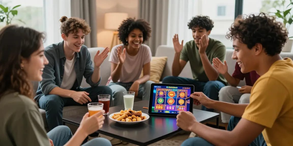 Friends discussing new online slot sites while enjoying a casino night at home.