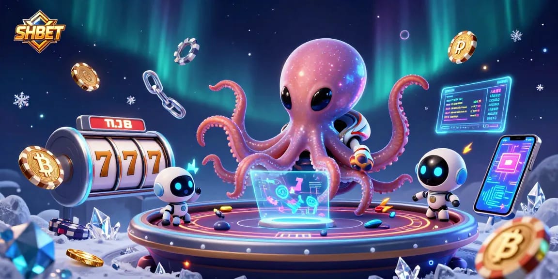 Engage with SHBET's vibrant casino atmosphere featuring an alien octopus at a poker table.