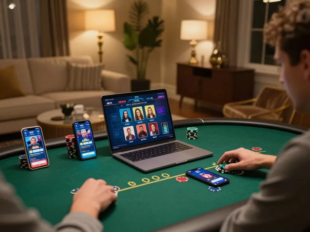 Engaged player enjoying gaming on gg88 online casino platform with multiple devices