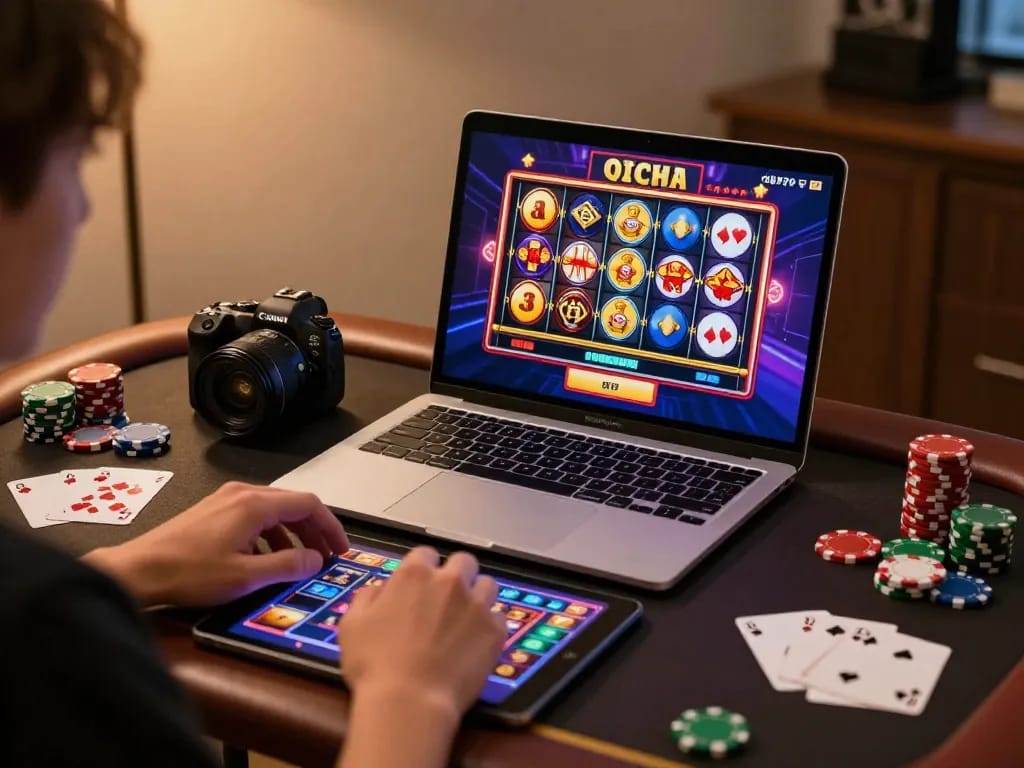 Engaging online gambling experience at home with ku88 app displayed on tablet while tracking betting strategies.