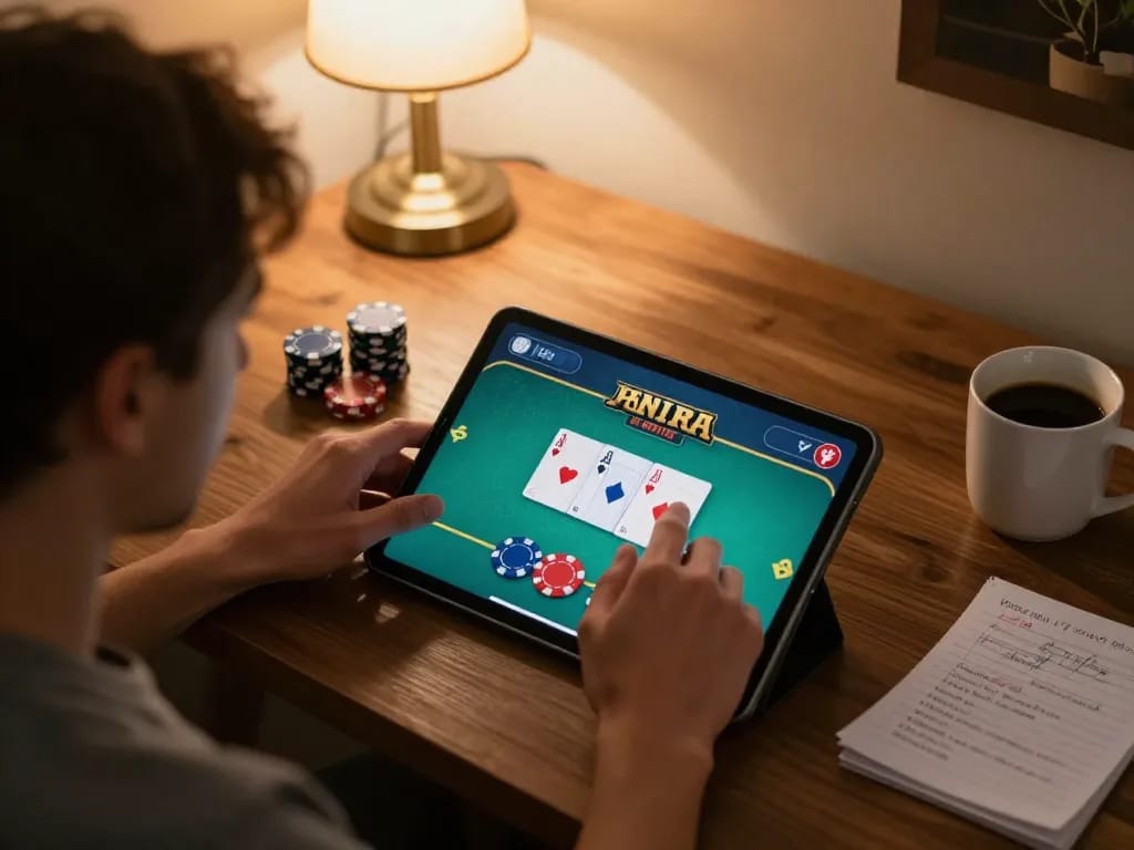 Player enjoying kkwin poker game on tablet at home with cozy ambiance.