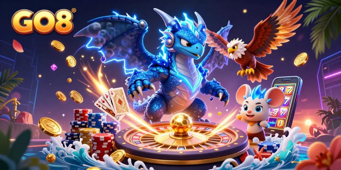 Experience electrifying wins at GO8 with dynamic gaming elements and vibrant characters!