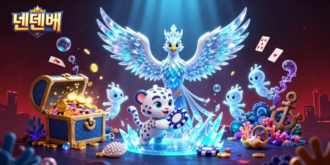 Experience thrilling gameplay at 텐텐벳 with an ice phoenix and poker chip amidst dazzling treasures.