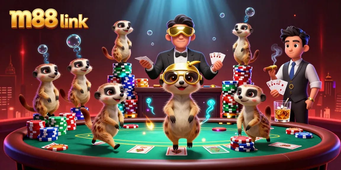 Exciting m88 link showcases animated meerkats managing a vibrant casino, epitomizing online gambling fun.
