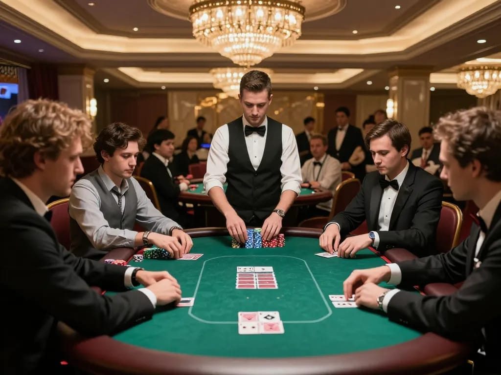 Competitive poker players engaged in the tg88 game, showcasing strategy and excitement in a luxury setting.
