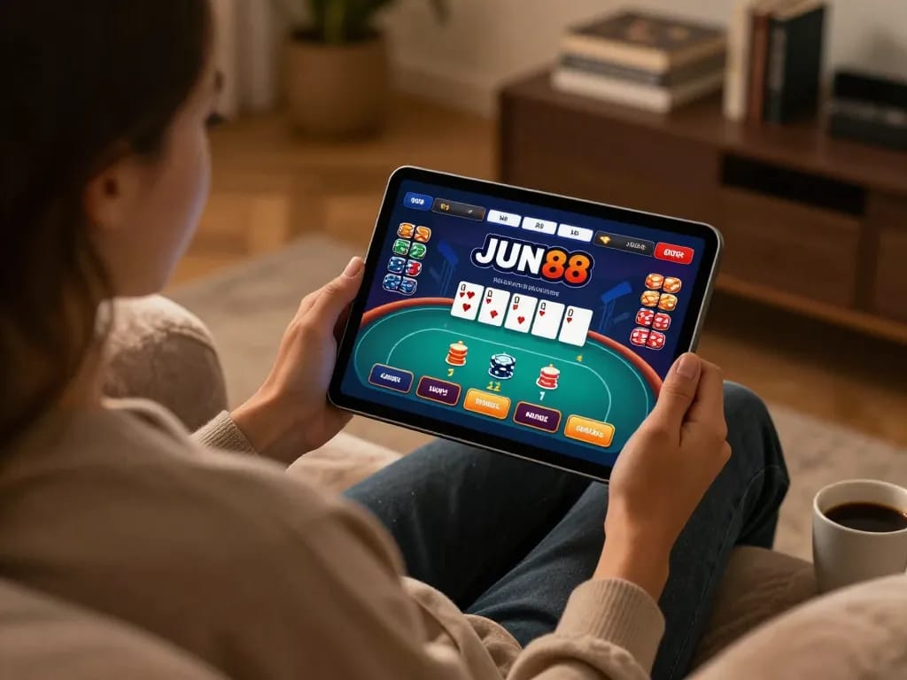 Engaging scene of a player using Jun88 online poker app in a cozy living room setting.
