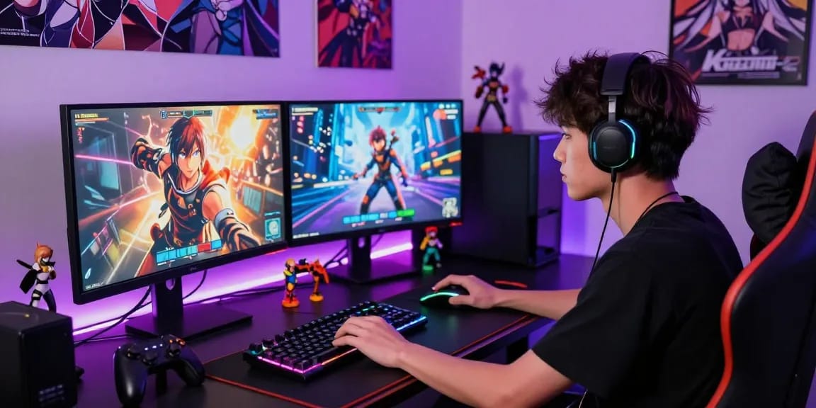 Engaging player immersed in a hentai game on dual monitors, vibrant lighting and collectibles creating an inviting atmosphere.